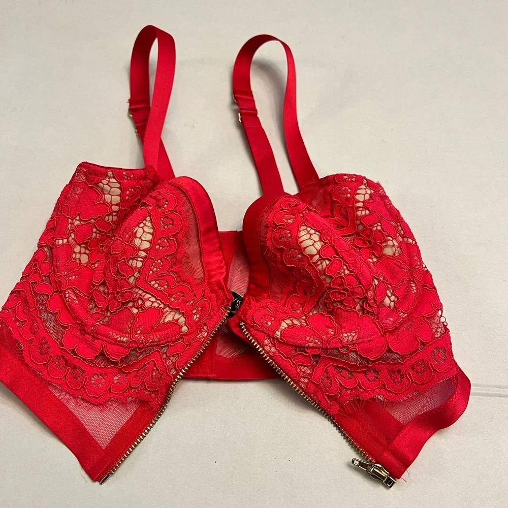 VICTORIA’S SECRET RED LACE LINED DEMI CORSET BRA SIZE 32D